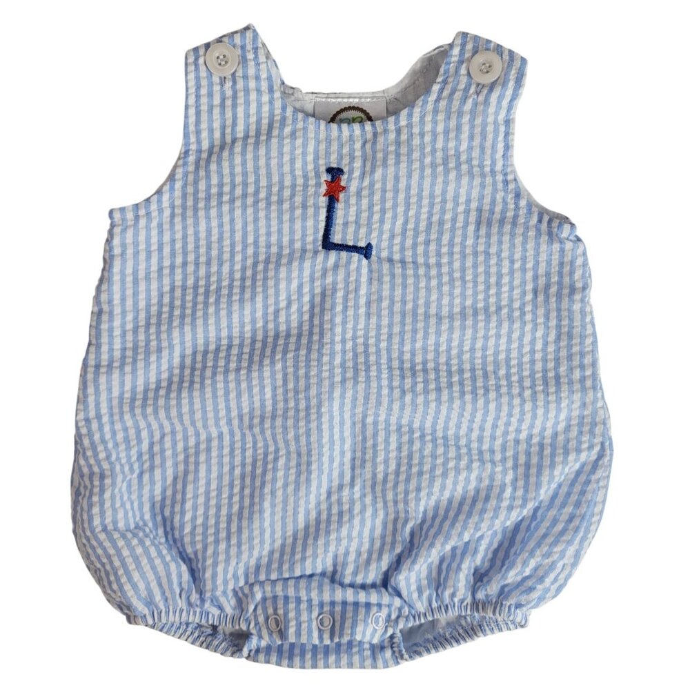BB Blanks Boutique Boys Striped Seersucker Romper Blue 6M Sleeveless Monogram L